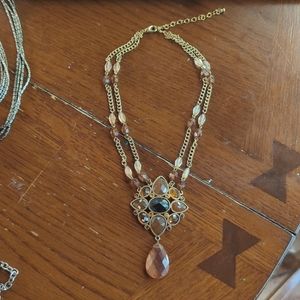 Gold and amber double chain pendant necklace